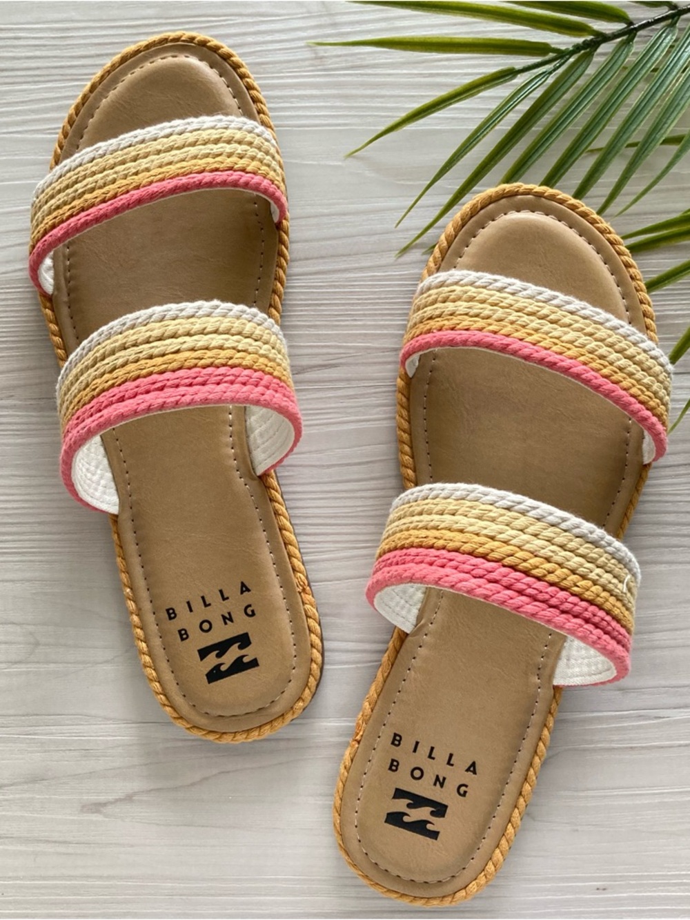 Billabong Pink, Yellow & Cream Double-Strap Summer Vacation Slide Sandals